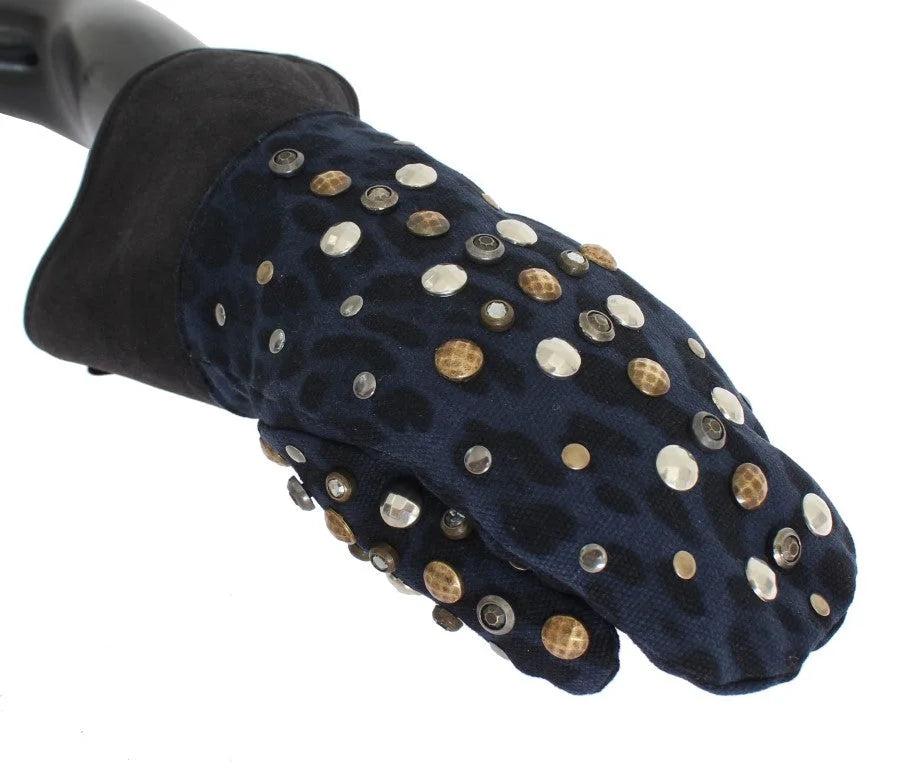 Dolce & Gabbana Gray Wool Shearling Studded Blue Leopard Gloves - 9|M - Gloves & Mittens