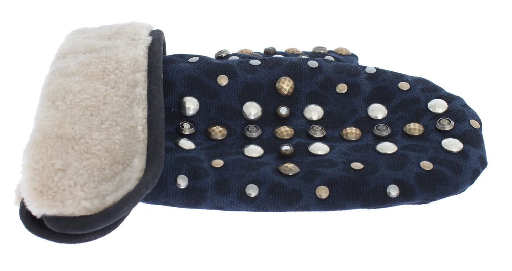 Dolce & Gabbana Gray Wool Shearling Studded Blue Leopard Gloves - 9|M - Gloves & Mittens