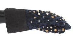 Dolce & Gabbana Gray Wool Shearling Studded Blue Leopard Gloves - 9|M - Gloves & Mittens