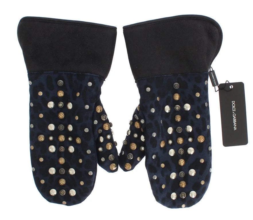 Dolce & Gabbana Gray Wool Shearling Studded Blue Leopard Gloves - 9|M - Gloves & Mittens