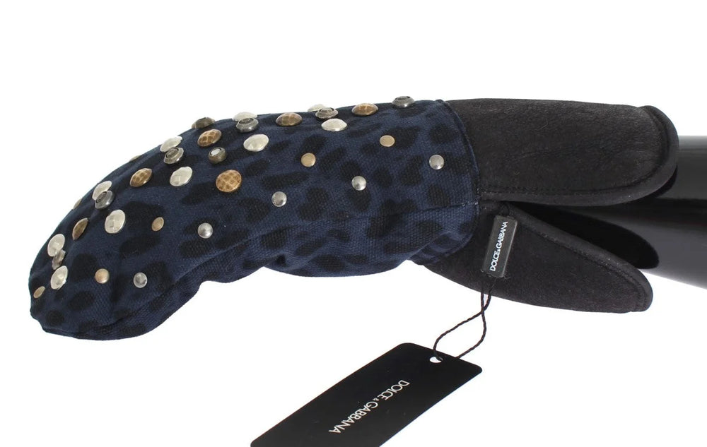 Dolce & Gabbana Gray Wool Shearling Studded Blue Leopard Gloves - 9|M - Gloves & Mittens