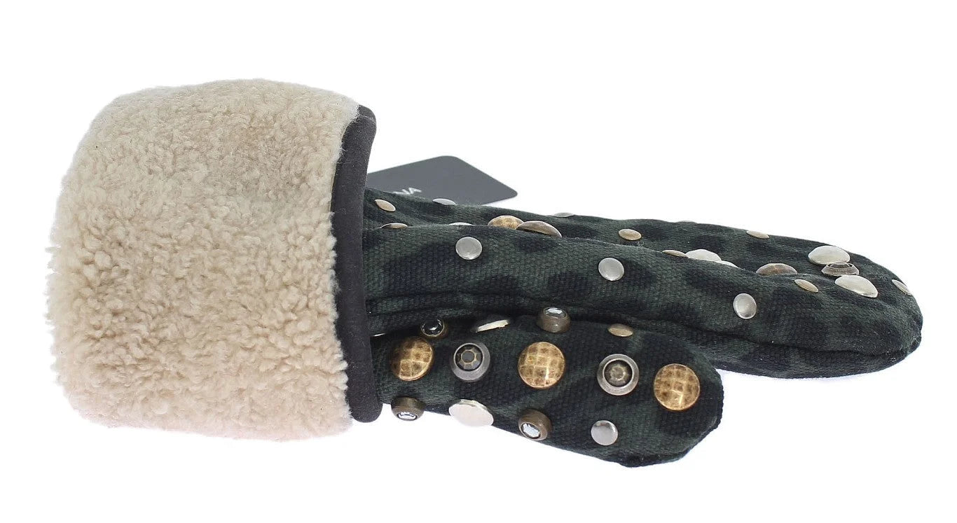 Dolce & Gabbana Grå Uld Shearling Nittede Grøn Leopard Handsker - 9|M