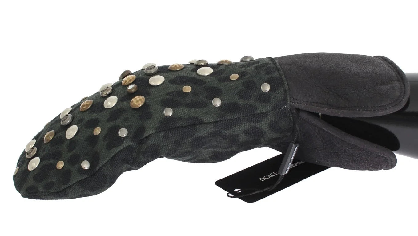 Dolce & Gabbana Gray Wool Shearling Studded Green Leopard Gloves - 9|M - Gloves & Mittens