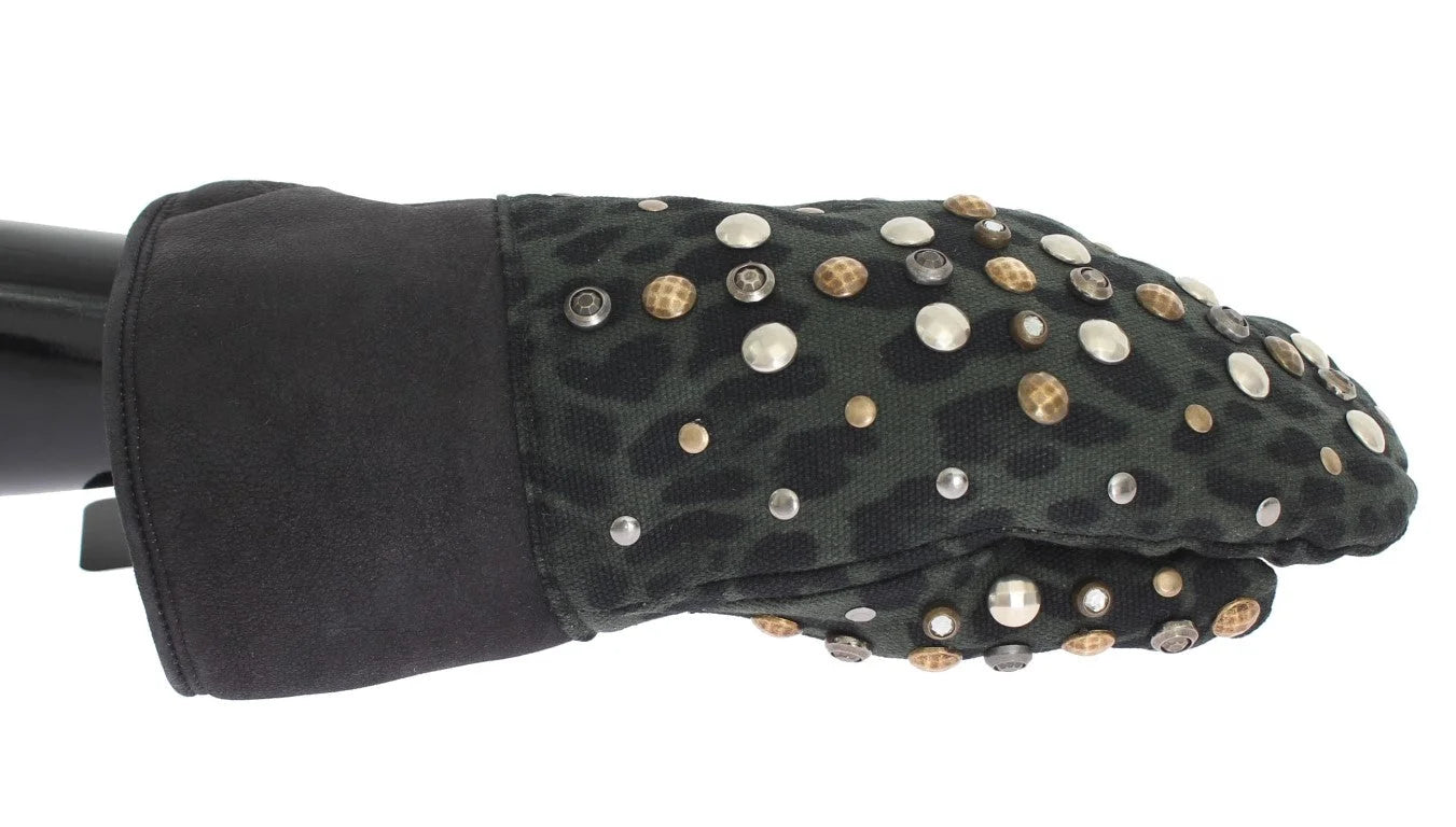 Dolce & Gabbana Grå Uld Shearling Nittede Grøn Leopard Handsker - 9|M