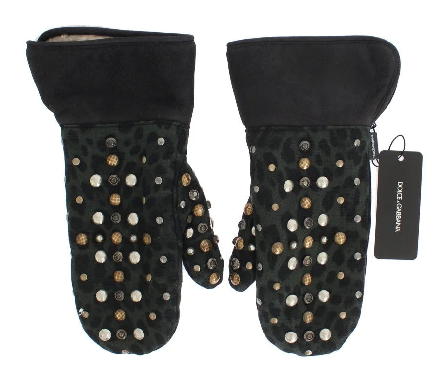 Dolce & Gabbana Grå Uld Shearling Nittede Grøn Leopard Handsker - 9|M