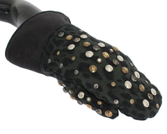 Dolce & Gabbana Grå Uld Shearling Nittede Grøn Leopard Handsker - 9|M