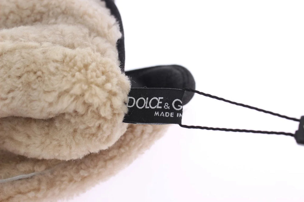Dolce & Gabbana Grå Uld Shearling Nittede Grøn Leopard Handsker - 9|M