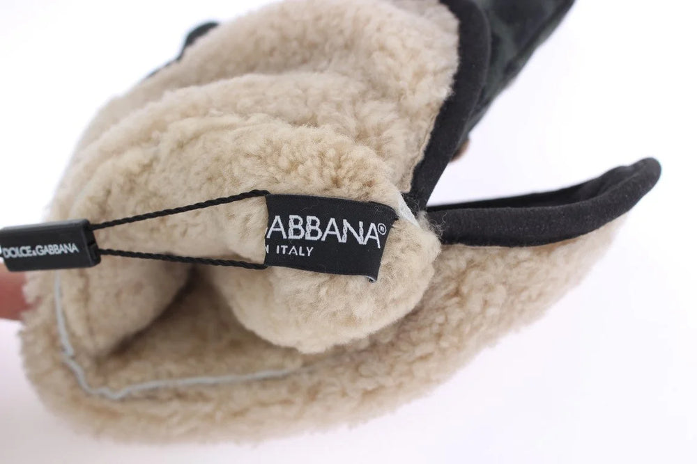 Dolce & Gabbana Grå Uld Shearling Nittede Grøn Leopard Handsker - 9|M