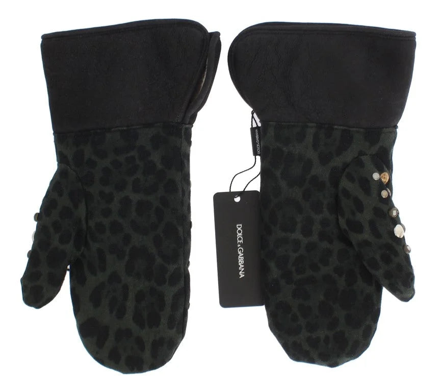Dolce & Gabbana Grå Uld Shearling Nittede Grøn Leopard Handsker - 9|M