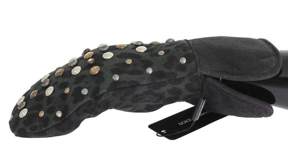 Dolce & Gabbana Grå Uld Shearling Nittede Grøn Leopard Handsker - 9|M