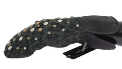 Dolce & Gabbana Grå Uld Shearling Nittede Grøn Leopard Handsker - 9|M