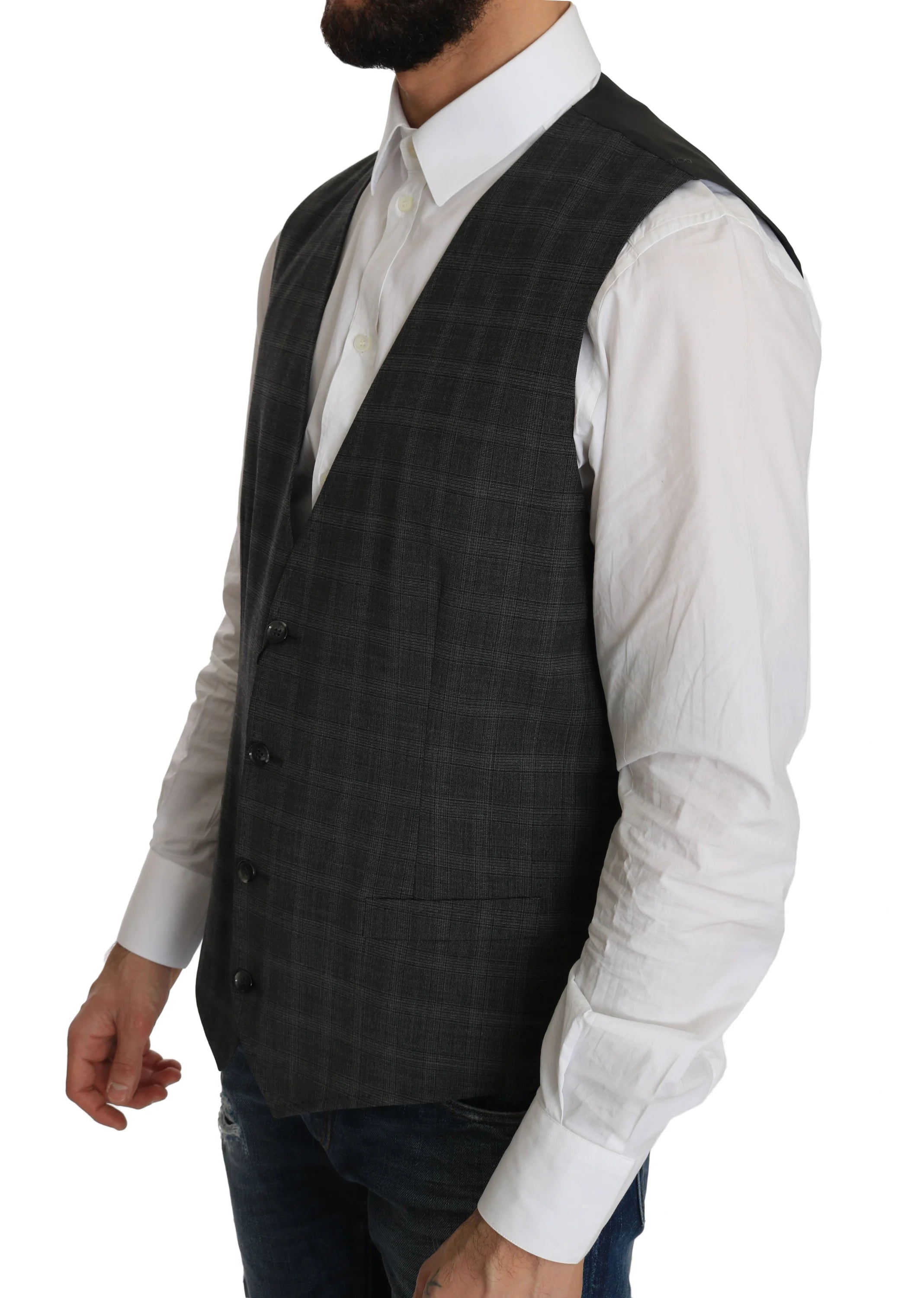 Dolce & Gabbana Gray Wool STAFF Checkered Stretch Vest - IT52 | XL - Vests