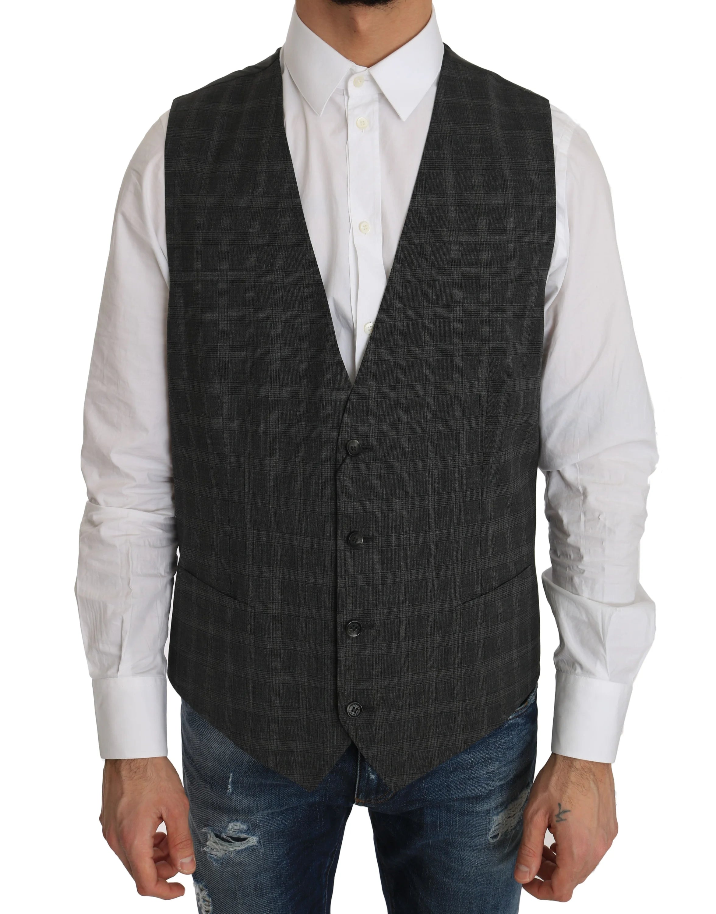 Dolce & Gabbana Gray Wool STAFF Checkered Stretch Vest - IT52 | XL - Vests