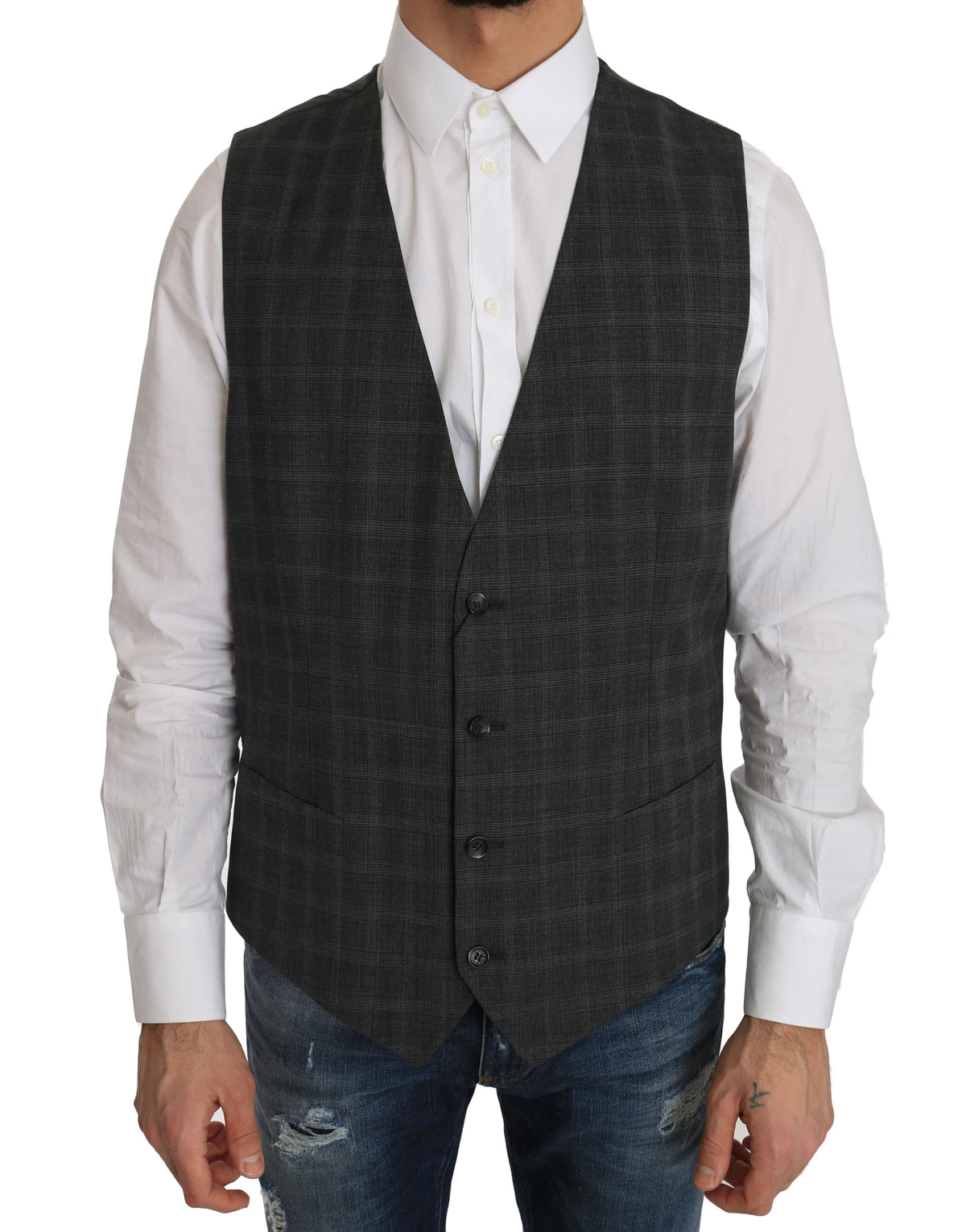Dolce & Gabbana Gray Wool STAFF Checkered Stretch Vest - IT52 | XL - Vests