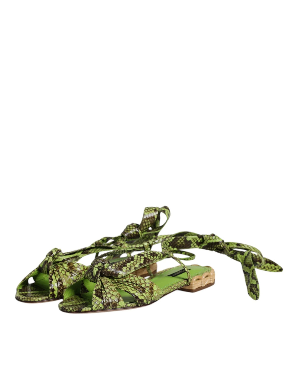Dolce & Gabbana Green Animal Print Ankle Wrap Sandals Shoes - Sandals