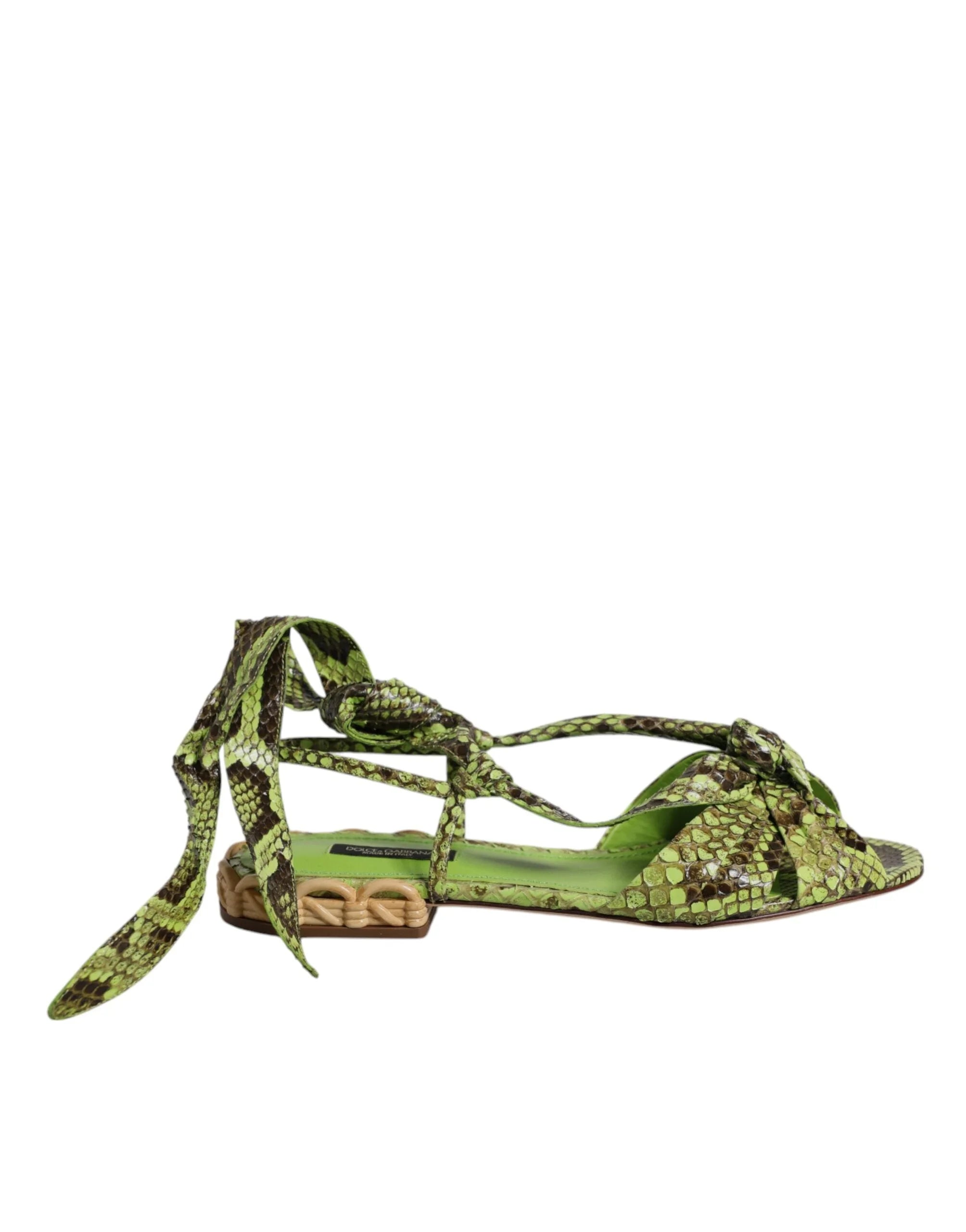 Dolce & Gabbana Green Animal Print Ankle Wrap Sandals Shoes - Sandals