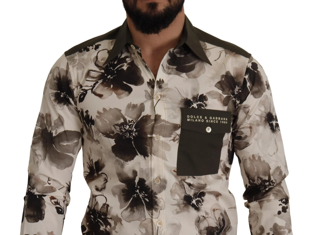 Dolce & Gabbana Green Beige Floral Cotton Stretch Exclusive Shirt - IT38 | XS - Shirts