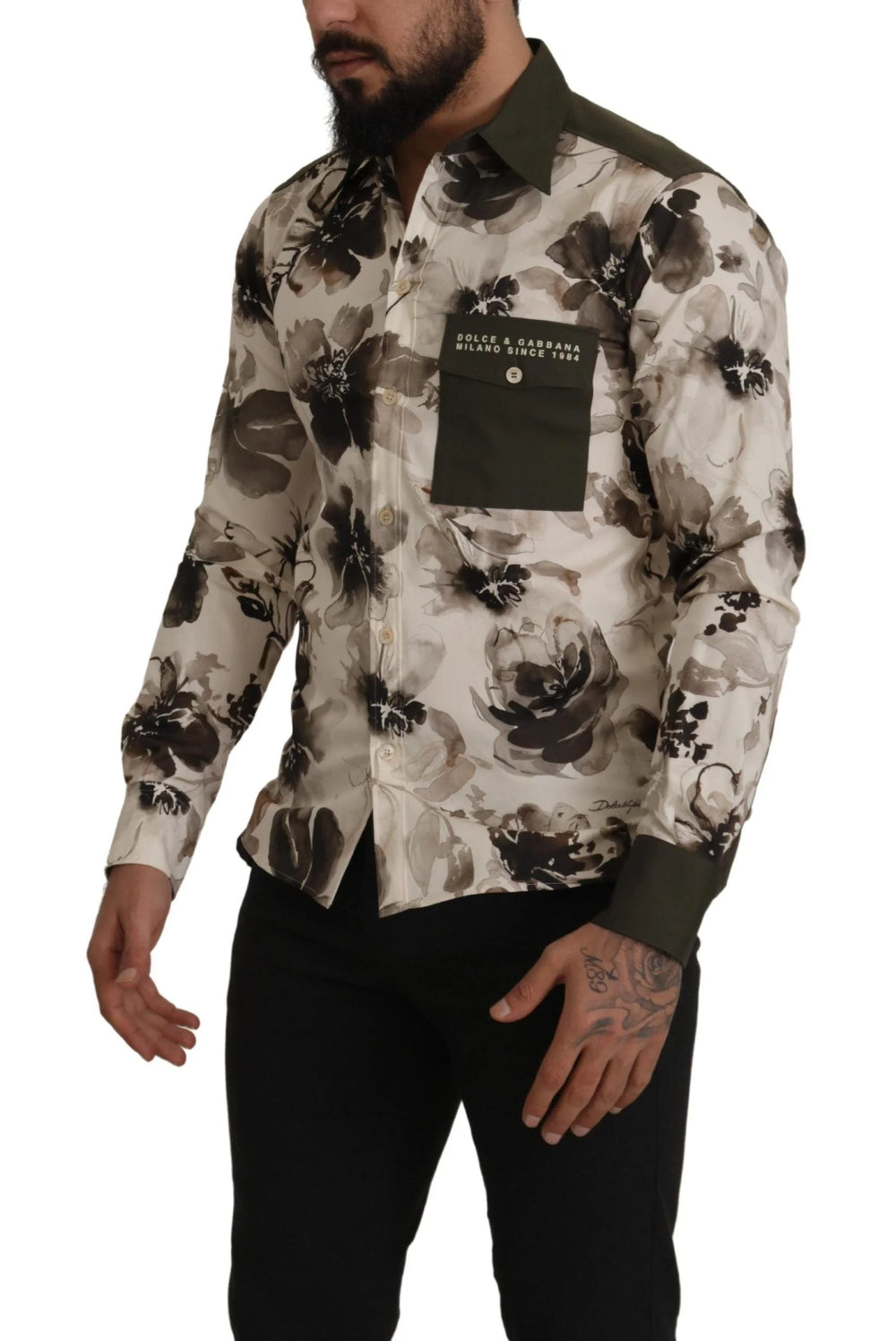 Dolce & Gabbana Green Beige Floral Cotton Stretch Exclusive Shirt - IT38 | XS - Shirts