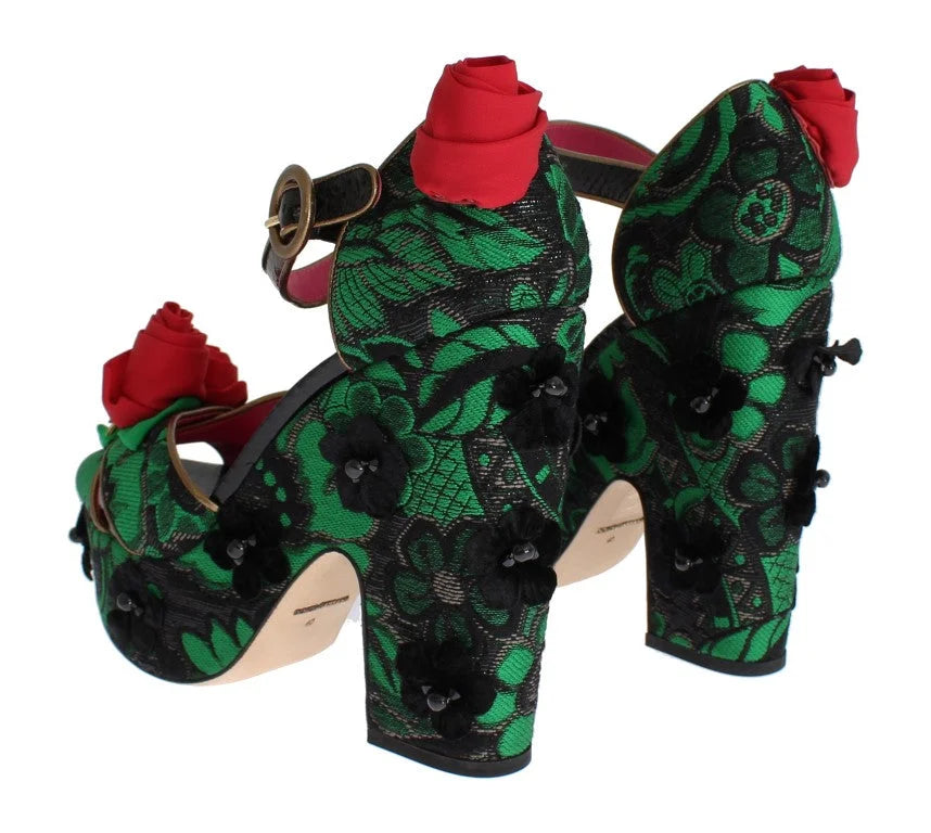 Dolce & Gabbana Green Brocade Snakeskin Roses Crystal Shoes - EU35/US4.5