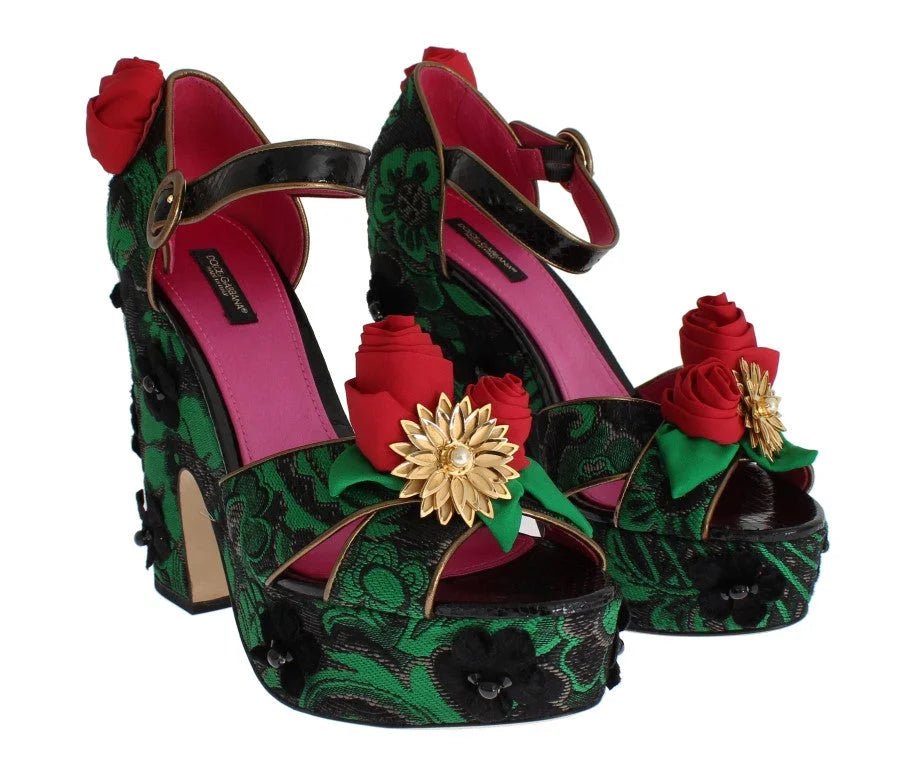 Dolce & Gabbana Green Brocade Snakeskin Roses Crystal Shoes - EU35/US4.5