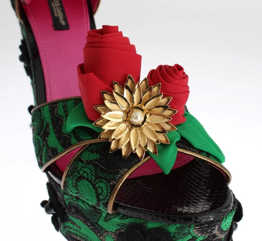Dolce & Gabbana Green Brocade Snakeskin Roses Crystal Shoes - EU35/US4.5