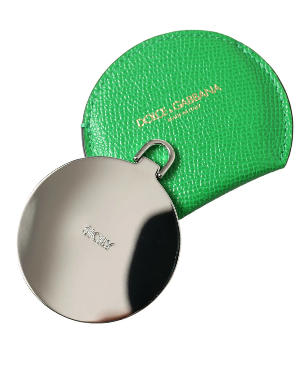 Dolce & Gabbana Green Calfskin Leather Round Logo Hand Mirror Holder - Face Mirrors