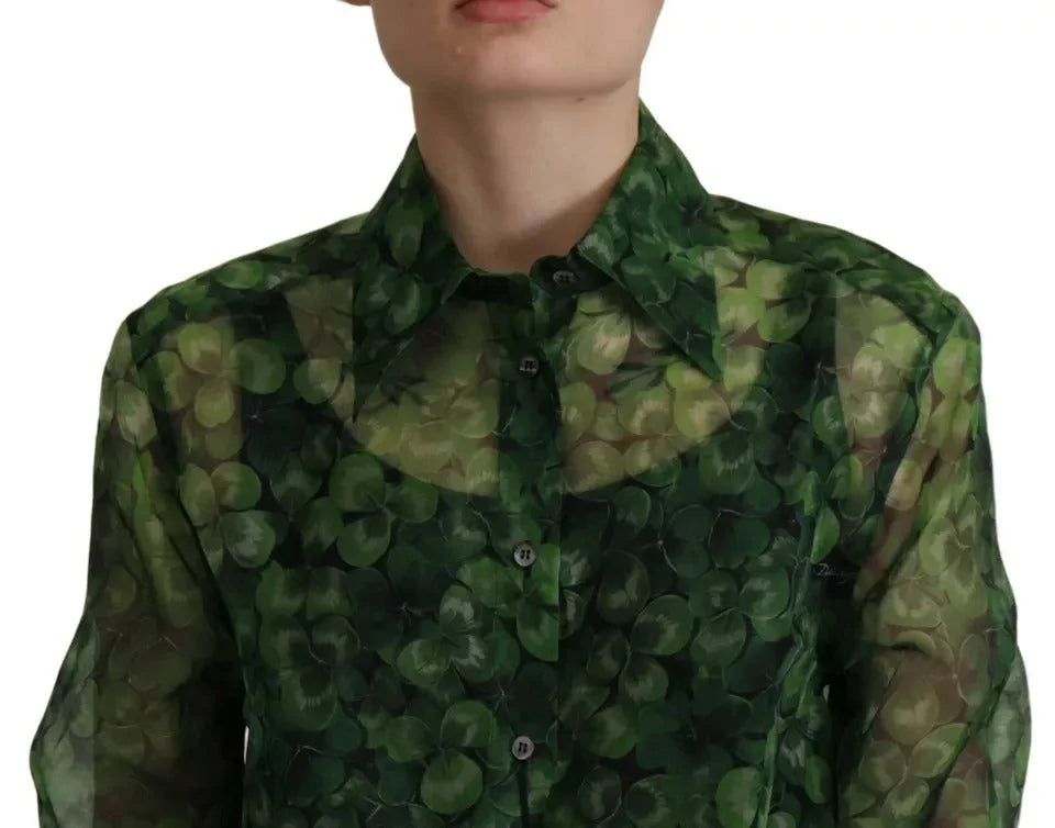 Dolce & Gabbana Green Clover Print Long Sleeves Collared Top Blouse - IT38 | XS - Blouses