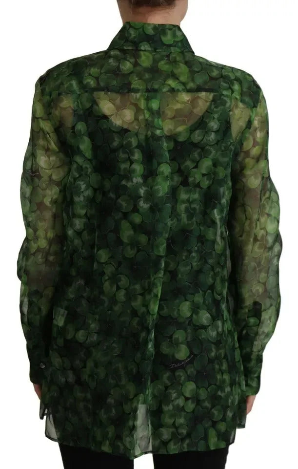 Dolce & Gabbana Green Clover Print Long Sleeves Collared Top Blouse - IT38 | XS - Blouses