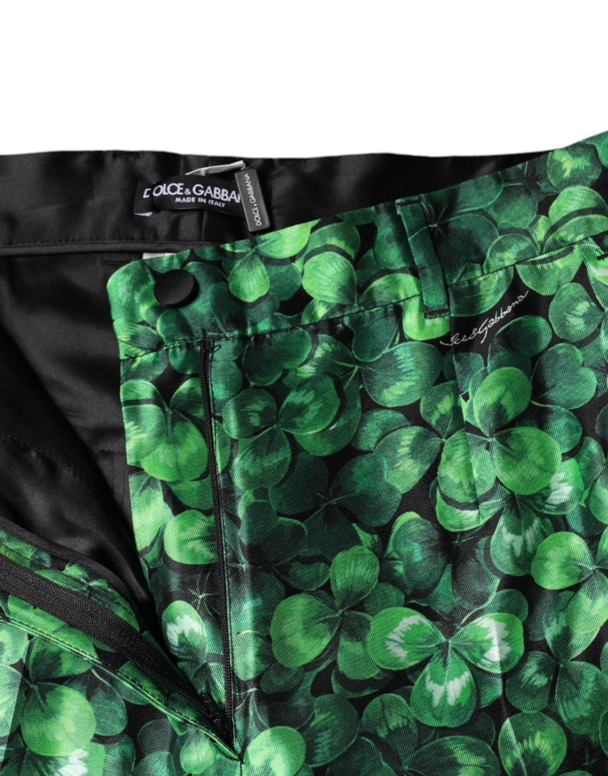 Dolce & Gabbana Green Clover Silk Satin High Waist Tapered Pants - IT44 | L - Trousers