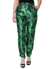 Dolce & Gabbana Green Clover Silk Satin High Waist Tapered Pants - IT44 | L - Trousers
