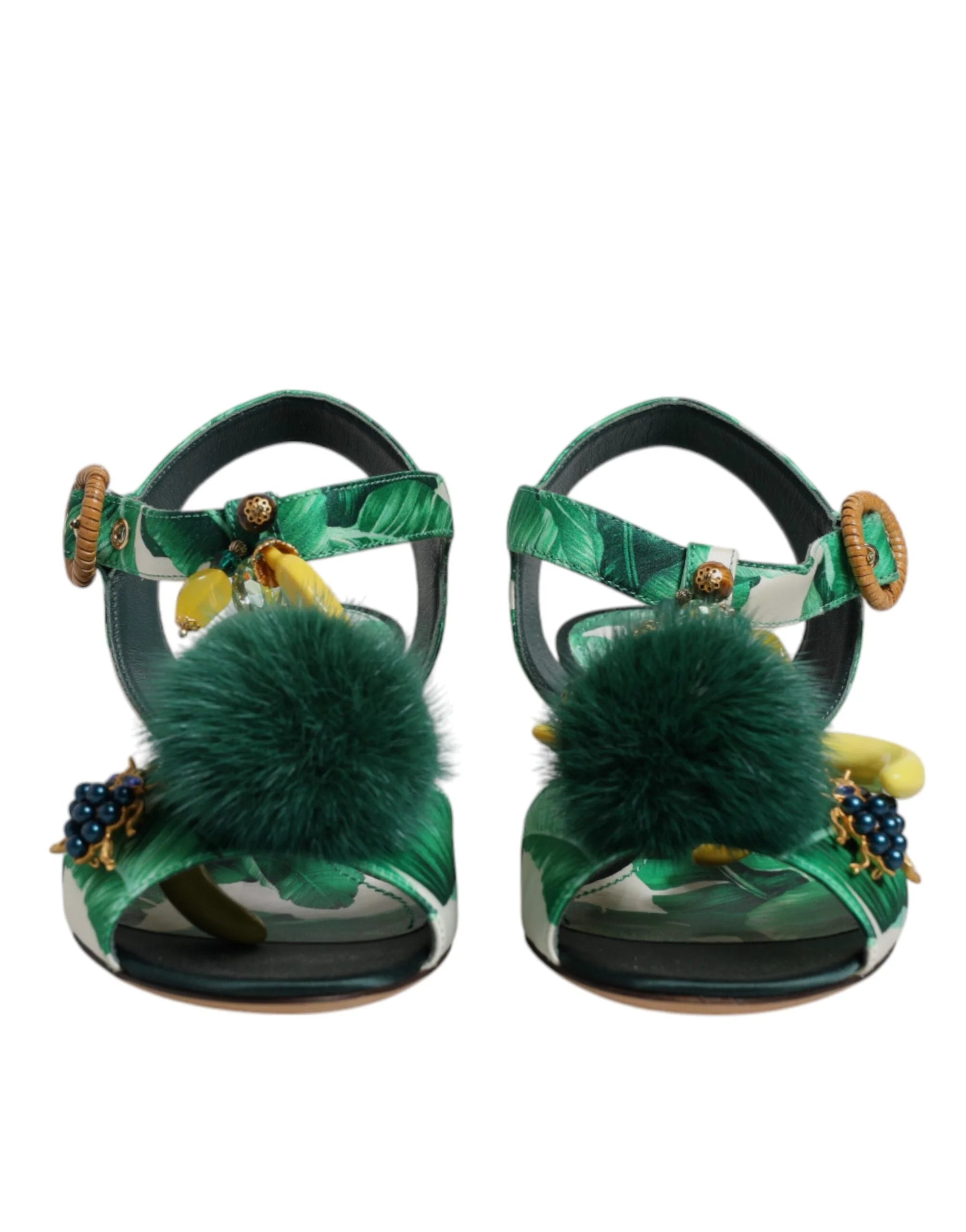 Dolce & Gabbana Green Crystal Fur Embellished Sandals Shoes - EU36.5/US6