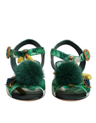 Dolce & Gabbana Green Crystal Fur Embellished Sandals Shoes - EU36.5/US6 - Sandals