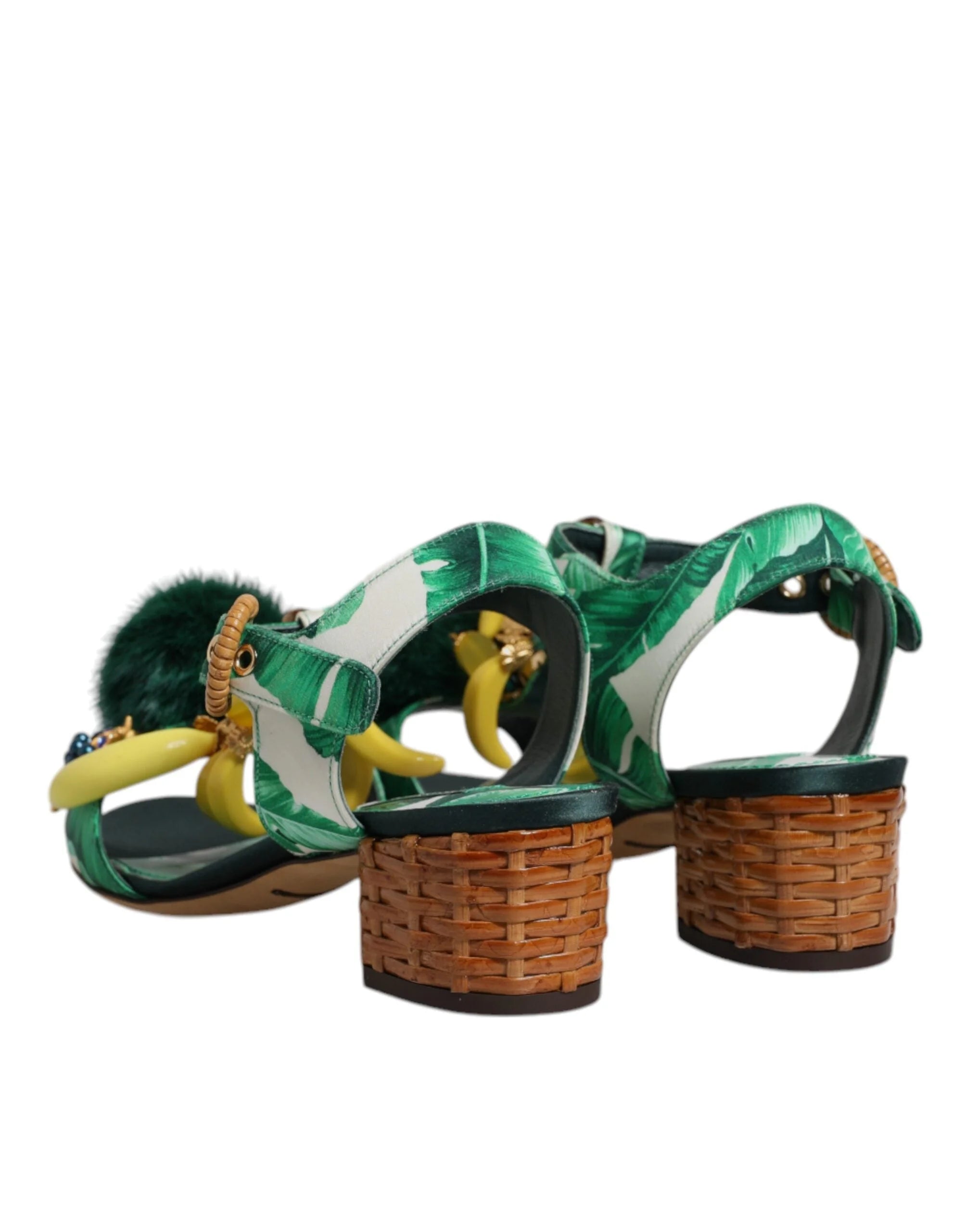 Dolce & Gabbana Green Crystal Fur Embellished Sandals Shoes - EU36.5/US6