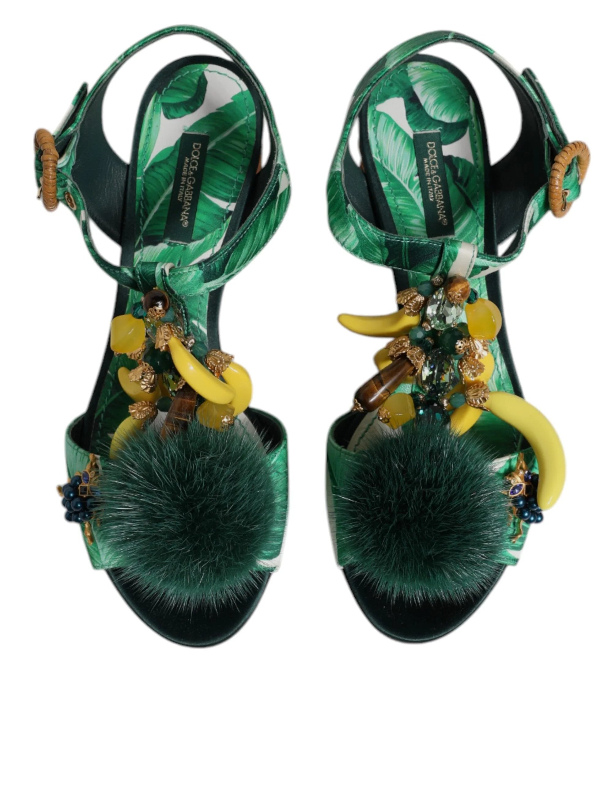 Dolce & Gabbana Green Crystal Fur Embellished Sandals Shoes - EU36.5/US6