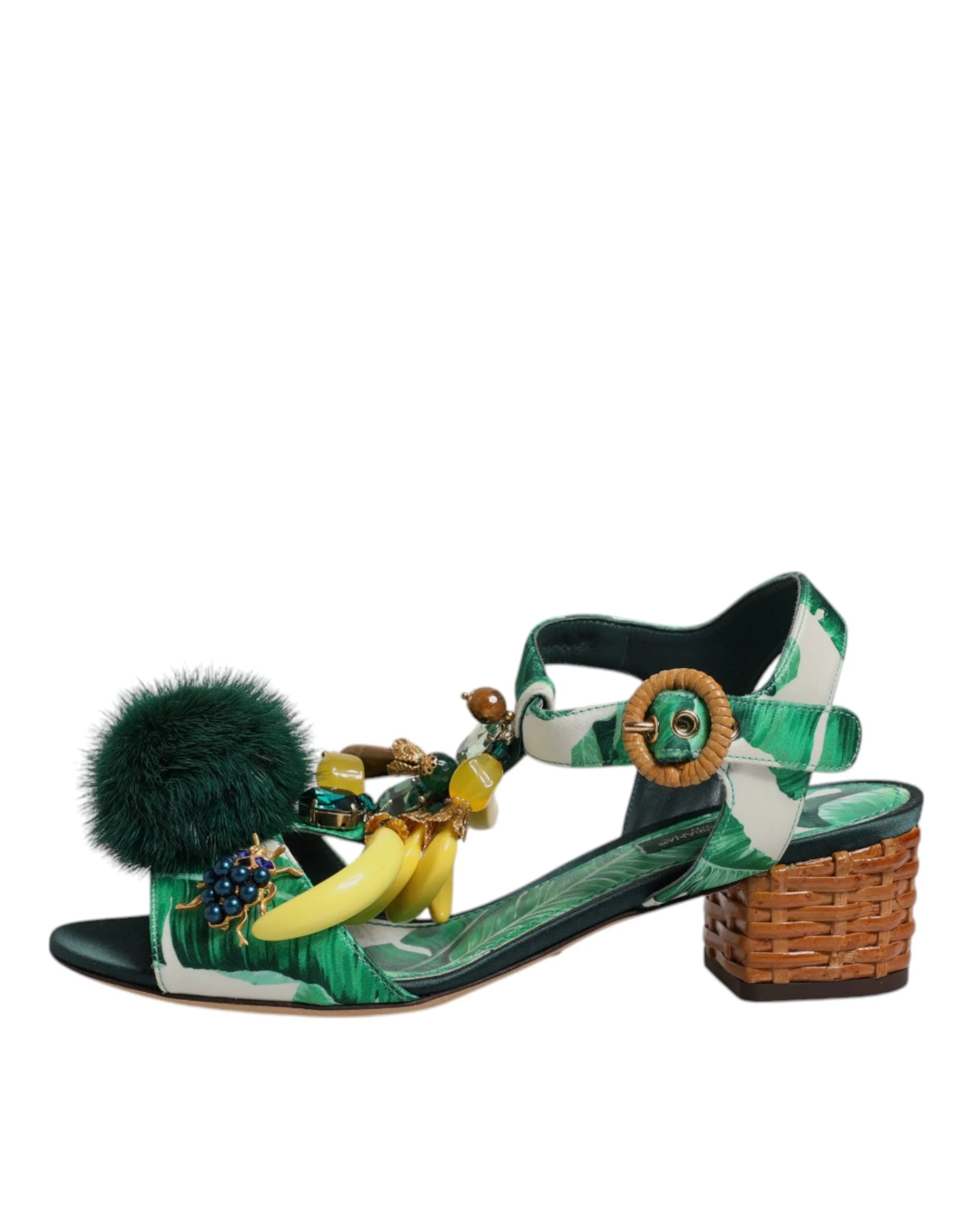 Dolce & Gabbana Green Crystal Fur Embellished Sandals Shoes - EU36.5/US6 - Sandals