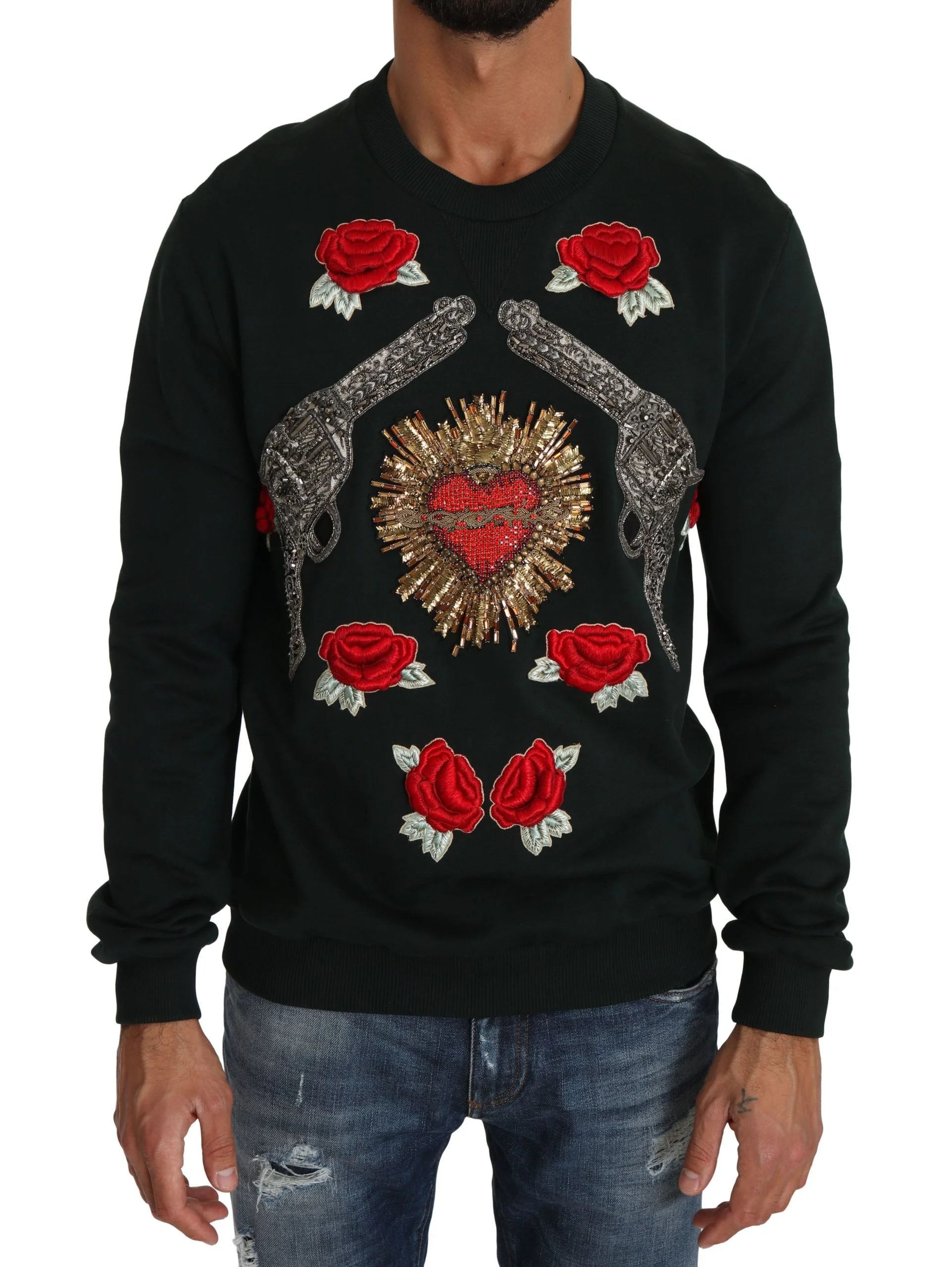Dolce & Gabbana Green Crystal Heart Roses Gun Sweater - Sweaters