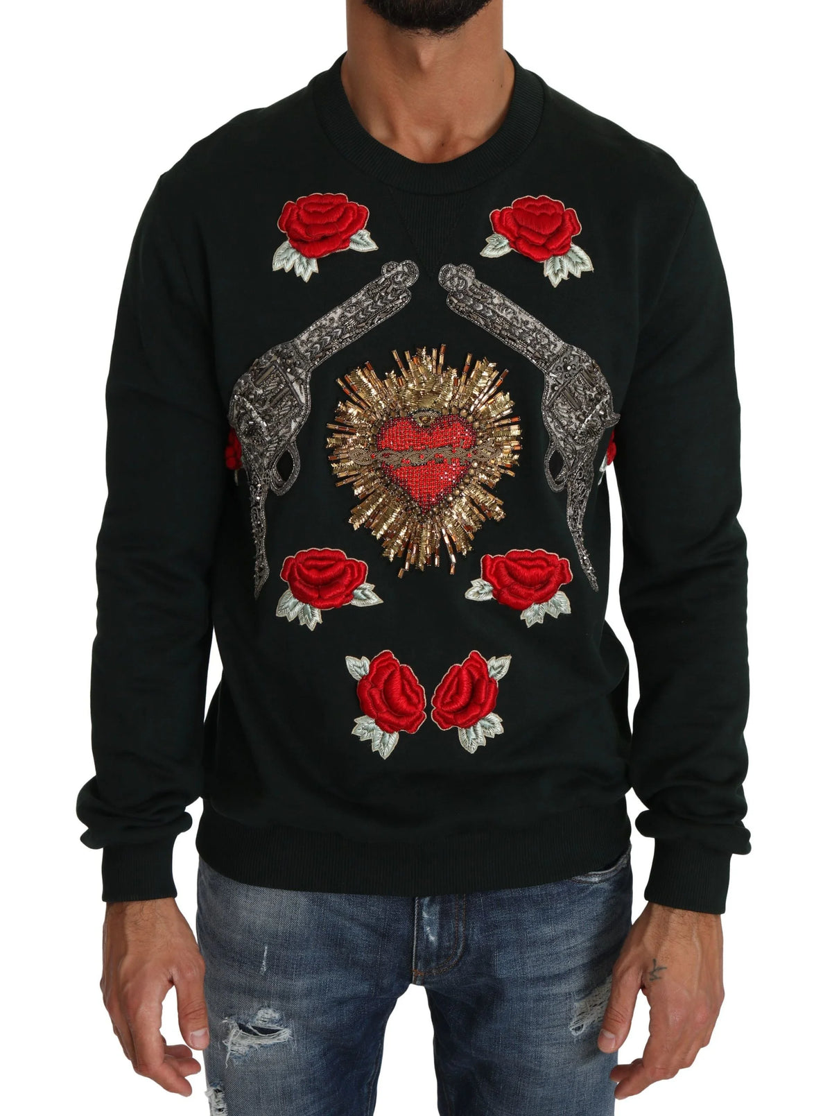 Dolce & Gabbana Green Crystal Heart Roses Gun Sweater - Sweaters