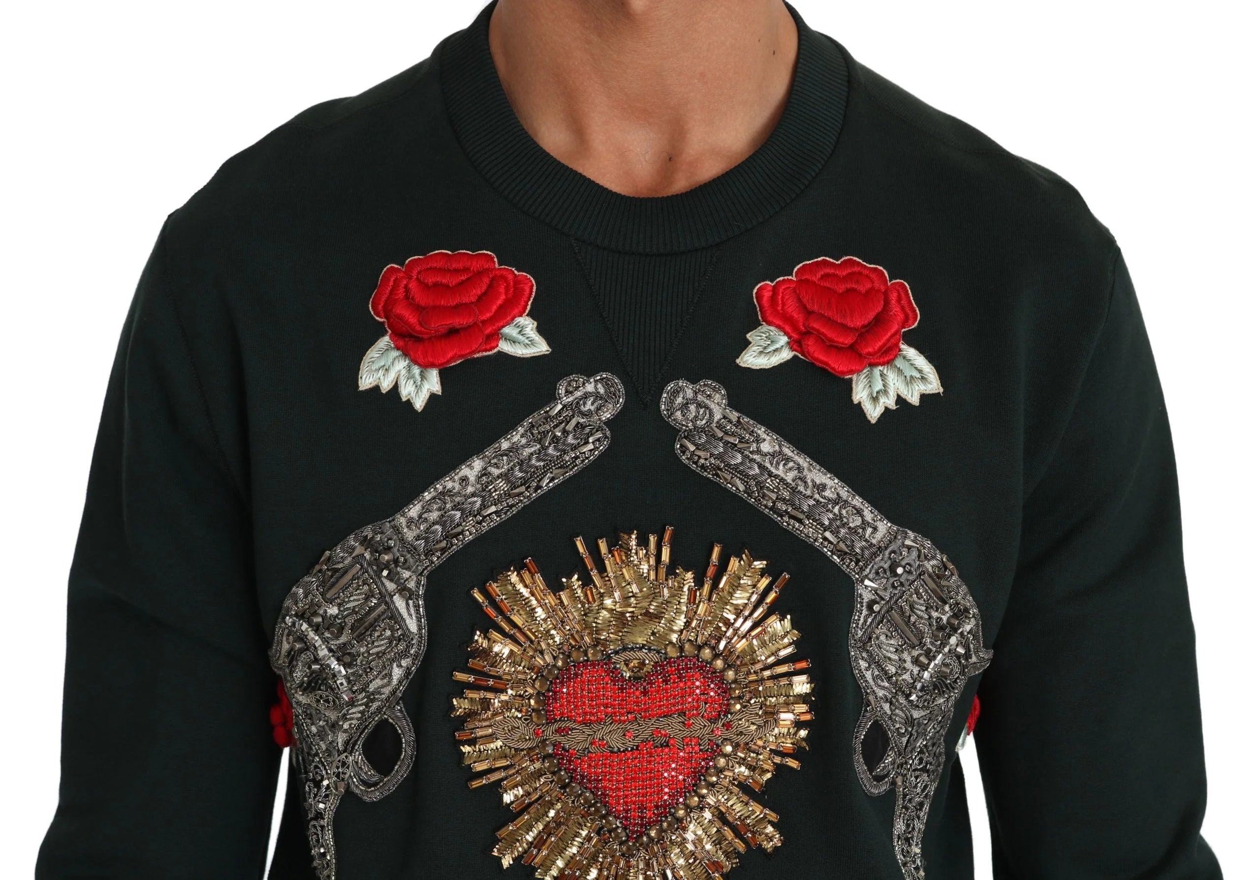 Dolce & Gabbana Green Crystal Heart Roses Gun Sweater - Sweaters