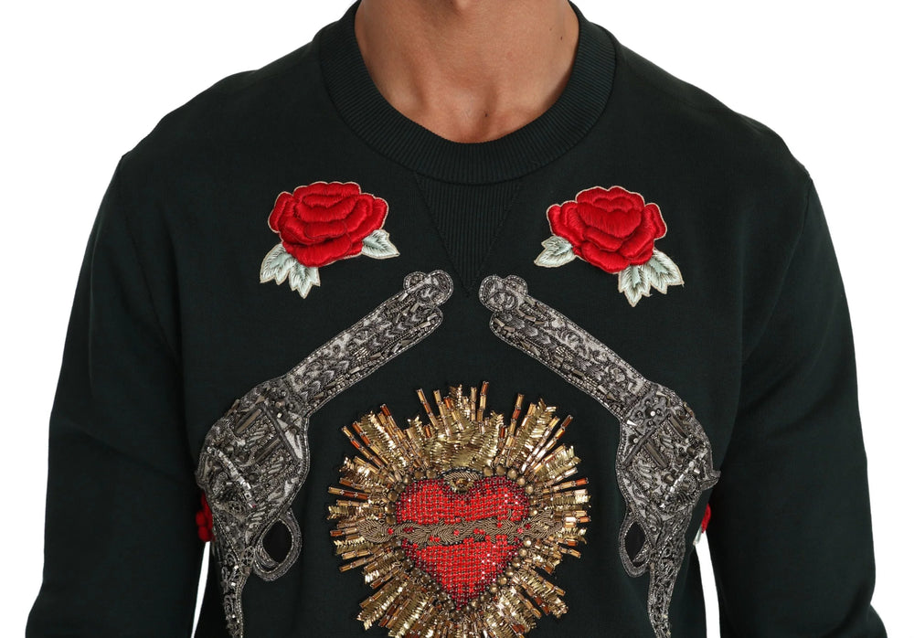 Dolce & Gabbana Green Crystal Heart Roses Gun Sweater - Sweaters