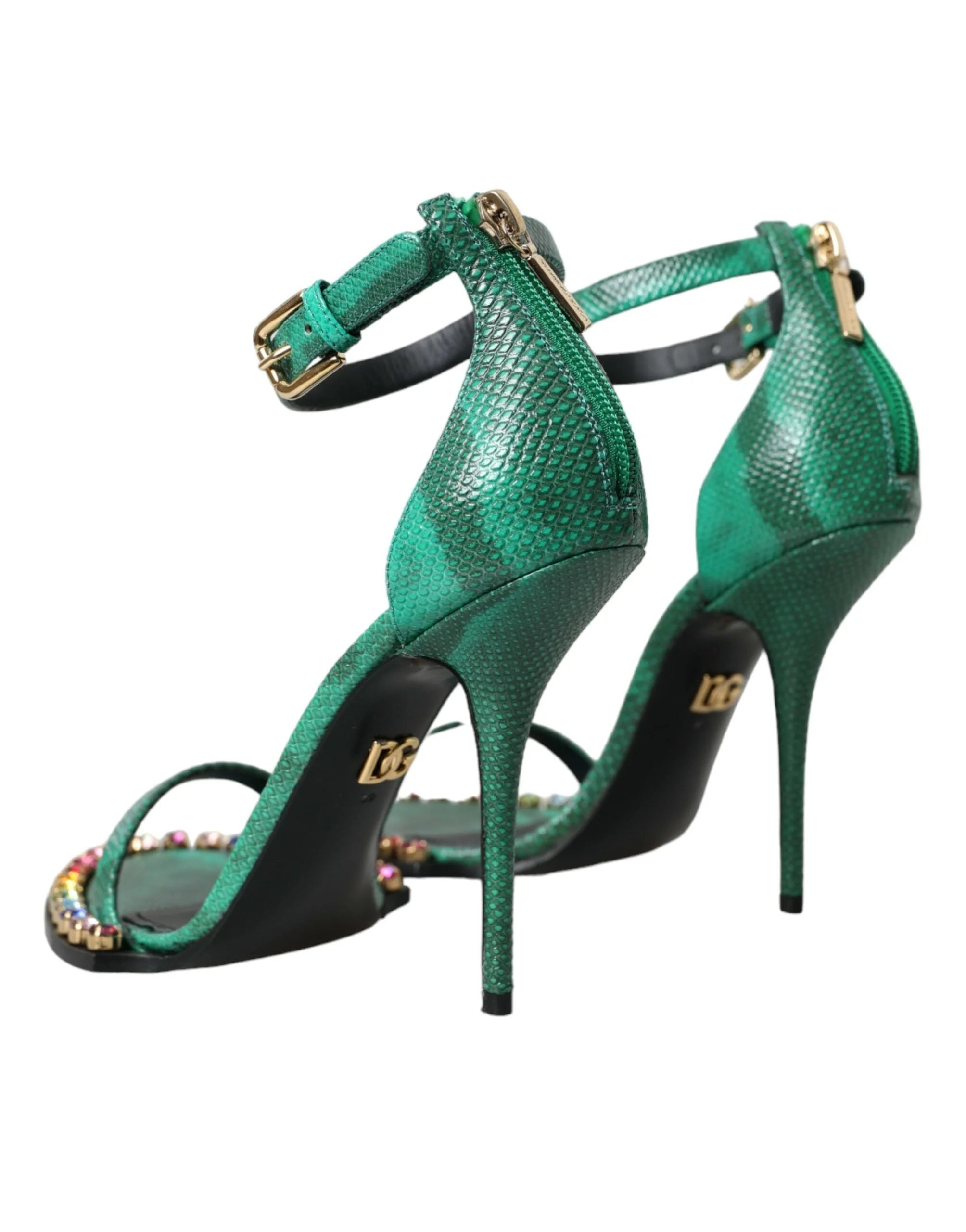 Dolce & Gabbana Green Exotic Leather Crystal Sandals Shoes - EU39/US8.5 - Sandals