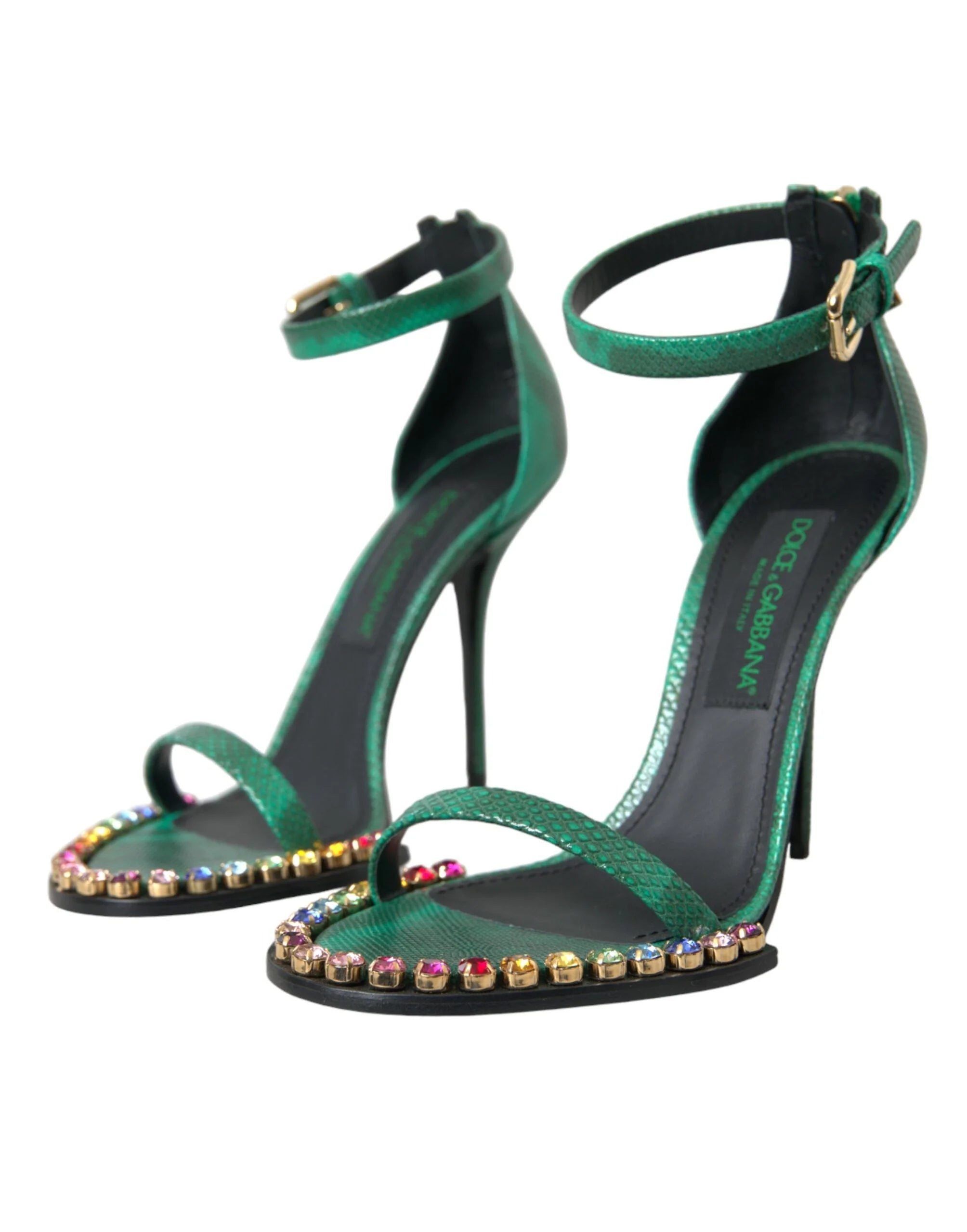 Dolce & Gabbana Green Exotic Leather Crystal Sandals Shoes - EU39/US8.5 - Sandals