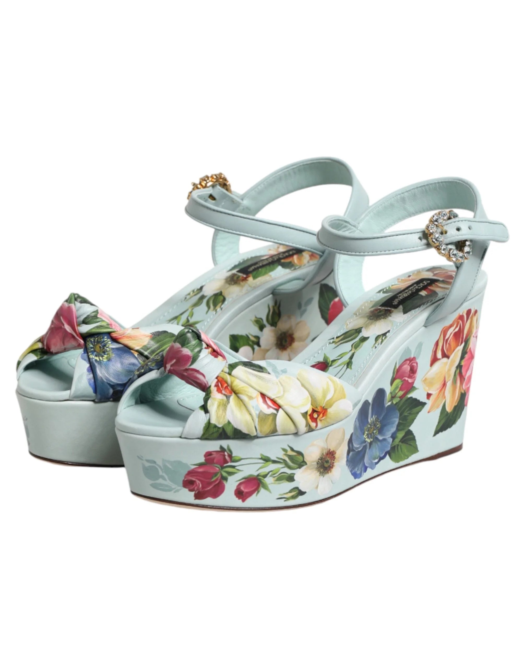 Dolce & Gabbana Green Floral Ankle Strap Wedge Sandals Shoes