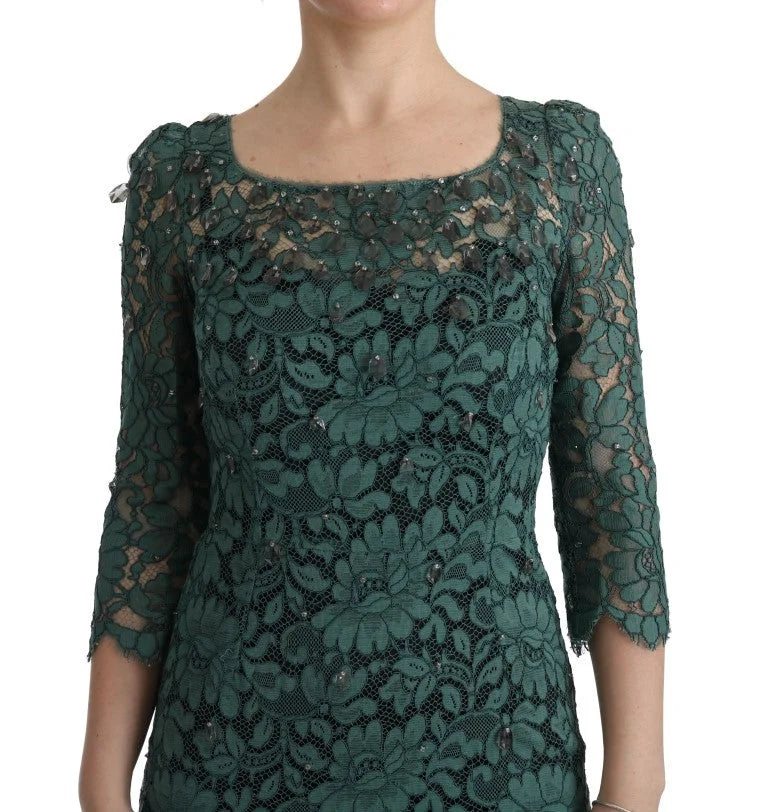 Dolce & Gabbana Green Floral Crystal Ricamo Sheath Dress - IT42|M - Dresses