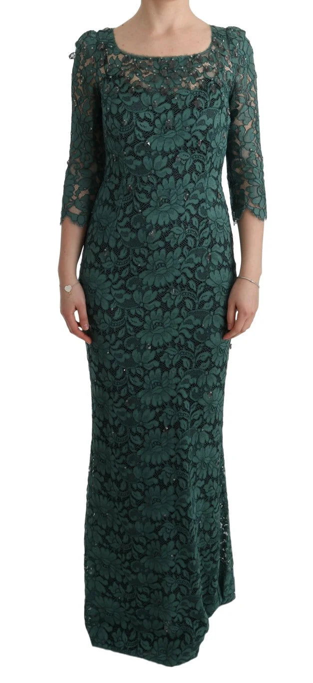 Dolce & Gabbana Green Floral Crystal Ricamo Sheath Dress - IT42|M - Dresses