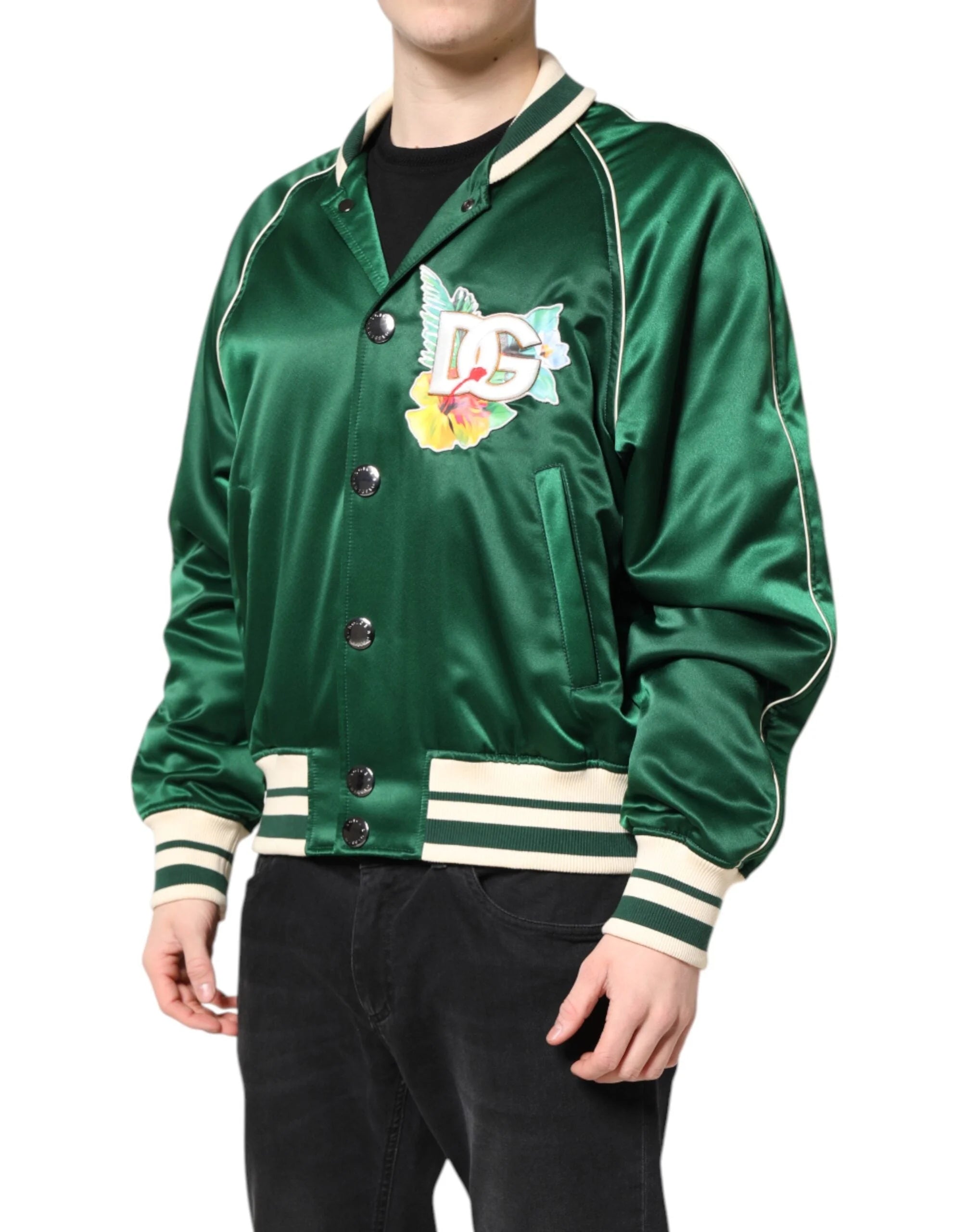 Dolce & Gabbana Green Floral DG Logo Full Zip Bomber Jacket - Bomber Jackets