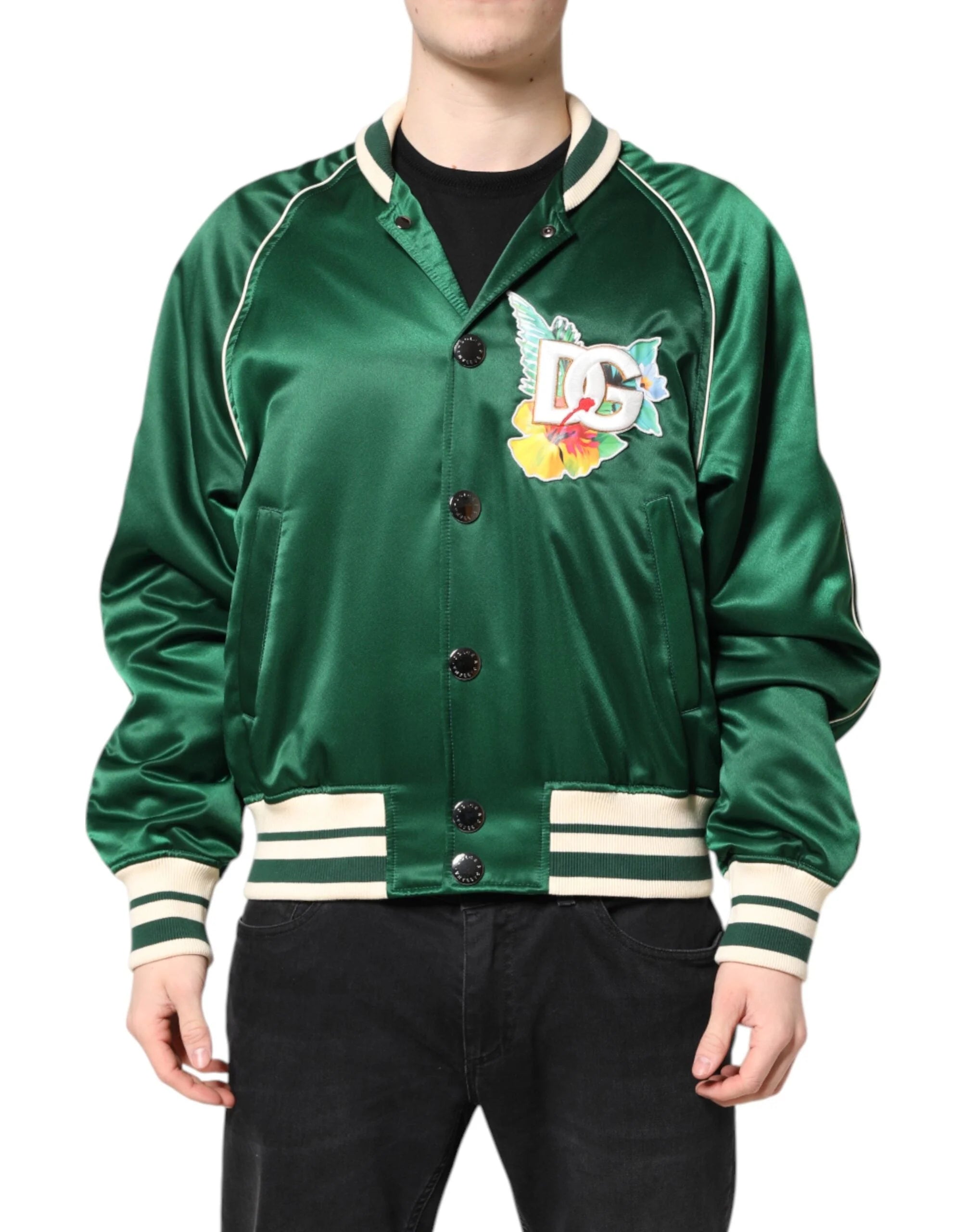 Dolce & Gabbana Green Floral DG Logo Full Zip Bomber Jacket - Bomber Jackets