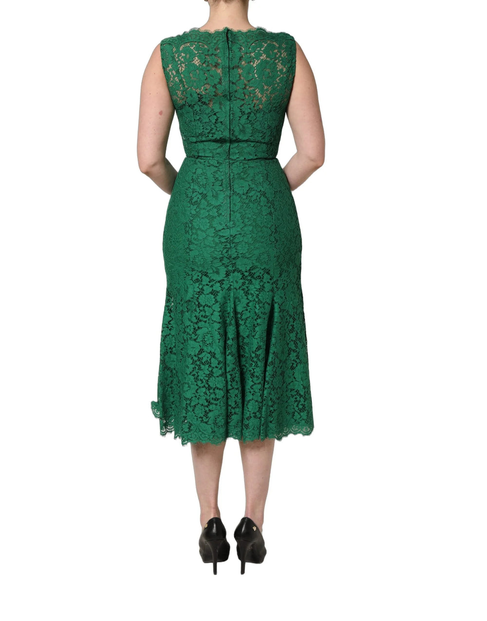 Dolce & Gabbana Grünes Blumen-Spitzenkleid aus Baumwolle, ärmellos, Midikleid