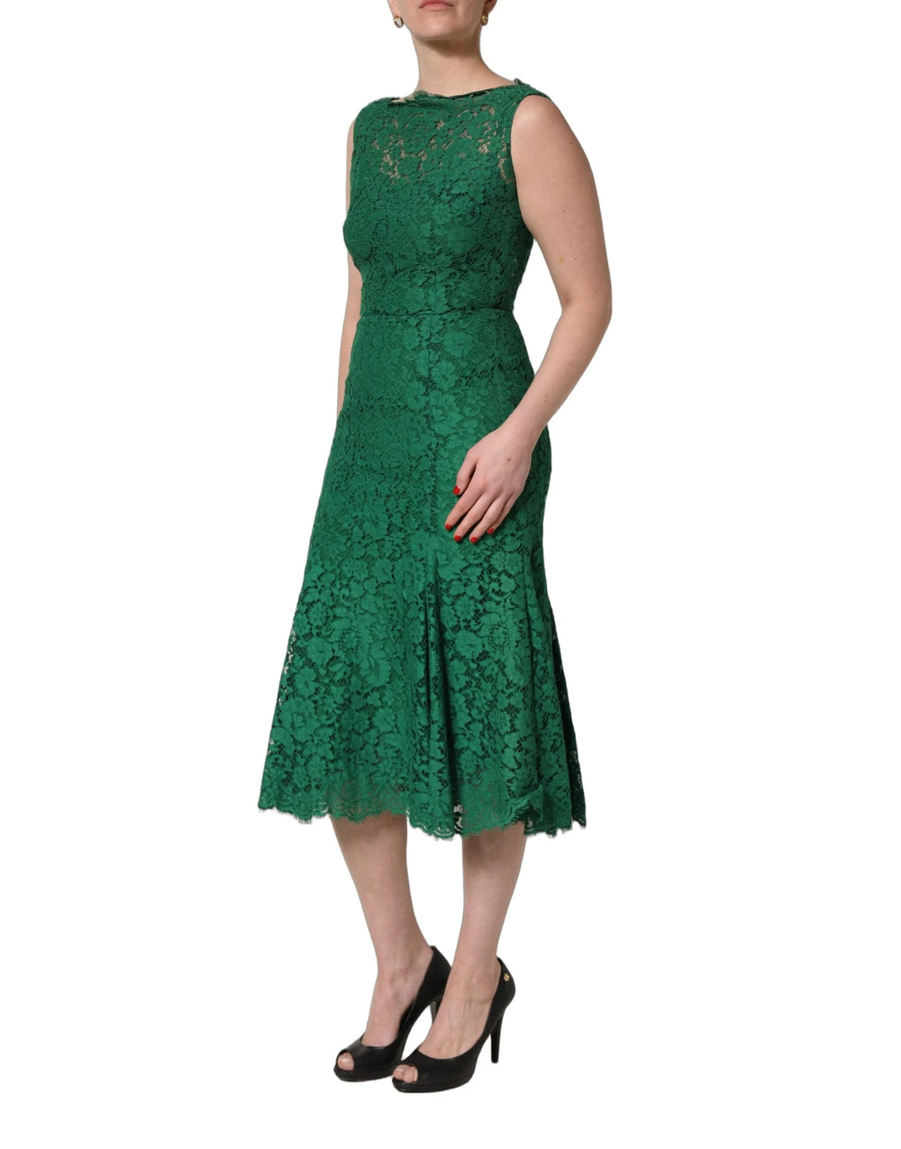 Dolce & Gabbana Grünes Blumen-Spitzenkleid aus Baumwolle, ärmellos, Midikleid