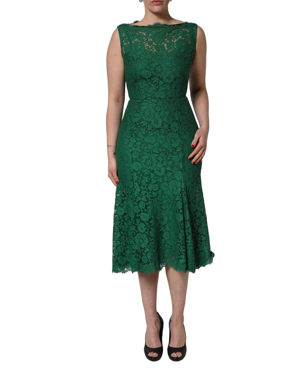 Dolce & Gabbana Grünes Blumen-Spitzenkleid aus Baumwolle, ärmellos, Midikleid