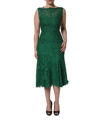 Dolce & Gabbana Grünes Blumen-Spitzenkleid aus Baumwolle, ärmellos, Midikleid